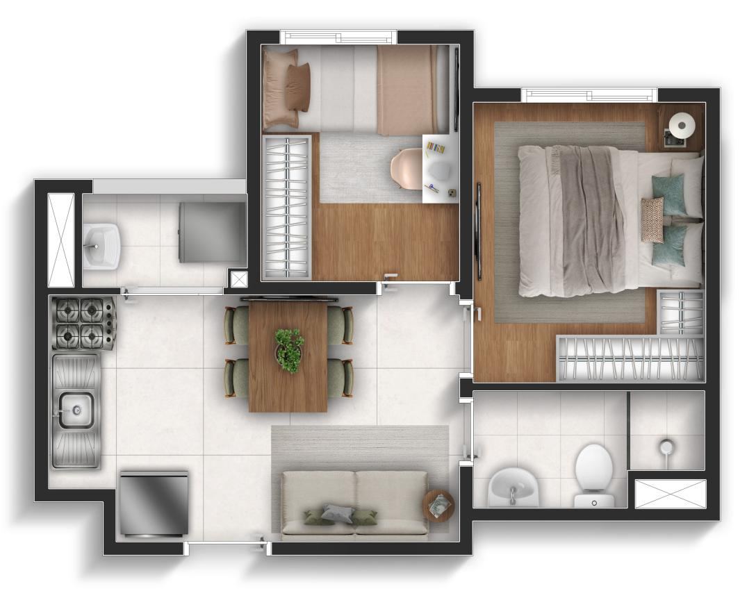 Planta Ideal, 31 m², 2 quartos com varanda