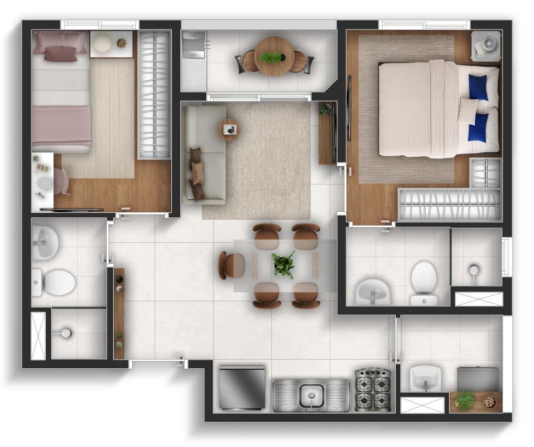 Planta Premium, 43 m², 2 quartos com suíte e varanda